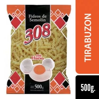 Fideos 308 Tirabuzon al Huevo x 500g